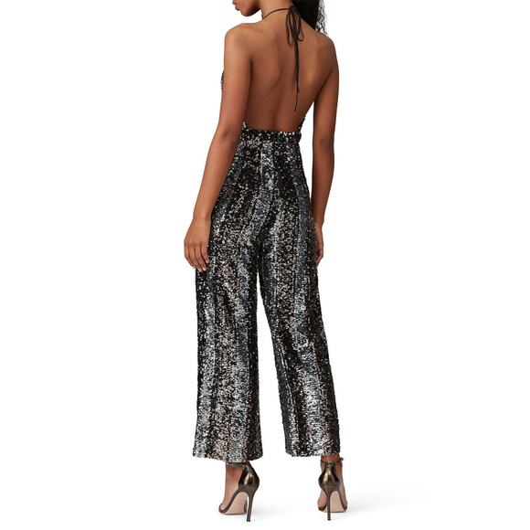 BARDOT Black Sequin Disco Deep V-Neck Halter Tie Center Back Jumpsuit sz US 8 - Picture 2 of 16